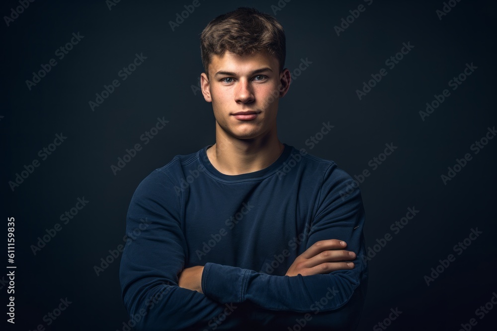 Headshot portrait photography of a glad boy in his 20s crossing the arms against a navy blue background. With generative AI technology