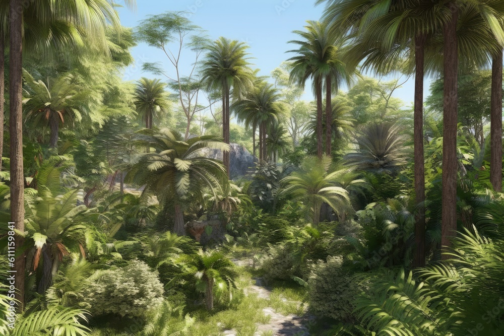 Fototapeta premium lush tropical forest with towering palm trees. Generative AI