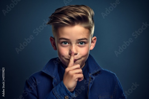 Medium shot portrait photography of a grinning boy in his 30s making a shhh gesture with a finger on the lips against a navy blue background. With generative AI technology