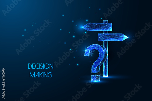 Decision making, problem solving futuristic concept with direction signpost and question mark 