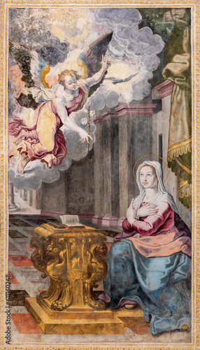 Title: NAPLES, ITALY - APRIL 23, 2023: The fresco of Annunciation in the church Chiesa di San Giovanni a Carbonara by by unknown mannerist painter from years (1570 - 1575). 