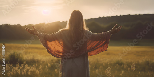 woman prays, prayer hands illuminated by light. Generative AI