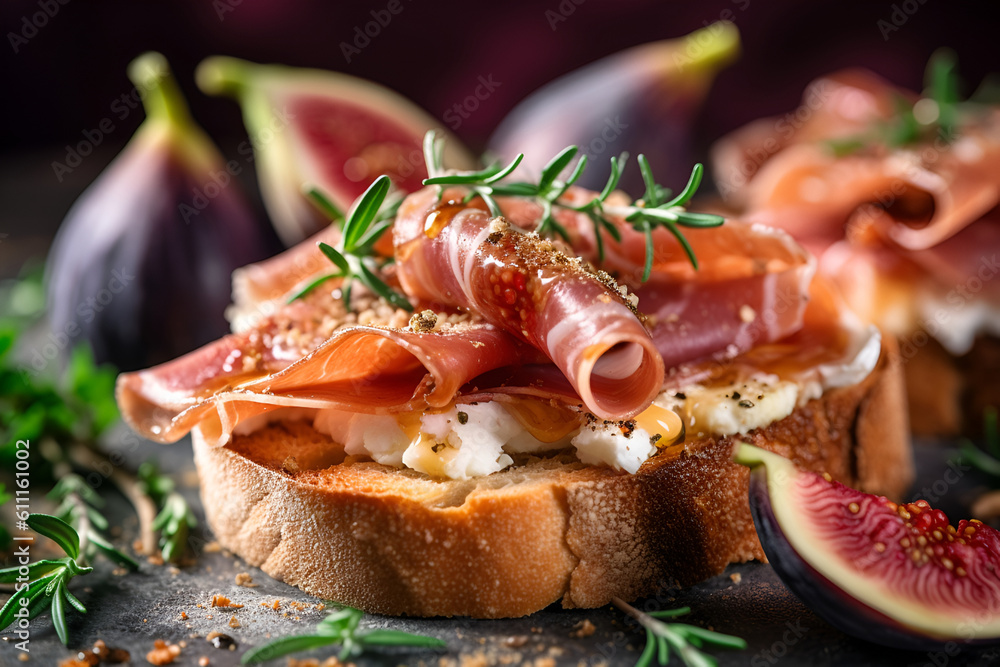 toasted sandwiches with hum cheese and figs on the wooden board. Healthy breakfast easy recipe background. Generative AI toasted sandwiches with hum cheese and figs on the wooden board. Healthy breakfast easy recipe background. Generative AI