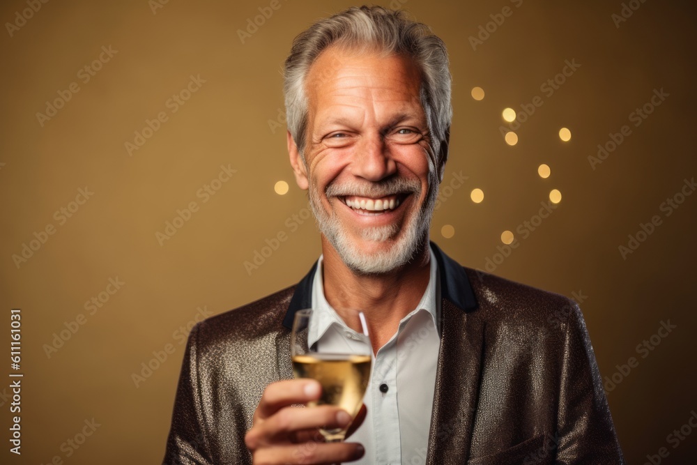 Headshot portrait photography of a grinning mature man joining palms in a gesture of gratitude against a champagne gold background. With generative AI technology Headshot portrait photography of a grinning mature man joining palms in a gesture of gratitude against a champagne gold background. With generative AI technology