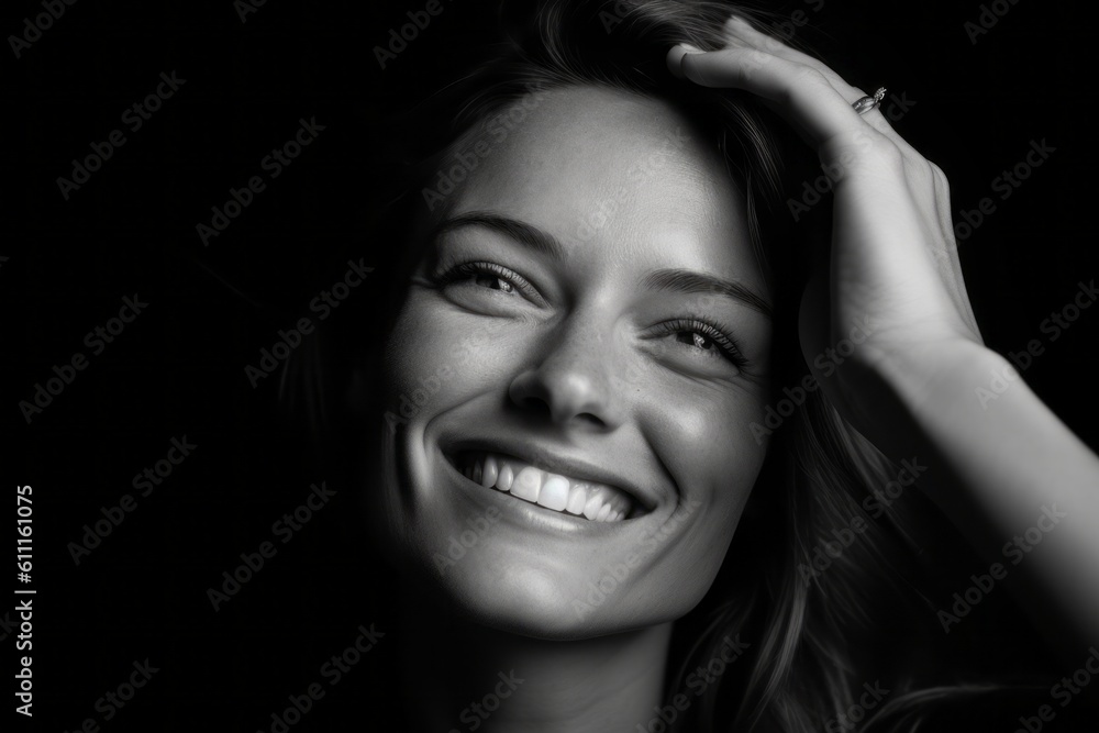 Close-up portrait photography of a grinning girl in her 30s putting the hand on the forehead to look for someone in the distance against a matte black background. With generative AI technology Close-up portrait photography of a grinning girl in her 30s putting the hand on the forehead to look for someone in the distance against a matte black background. With generative AI technology