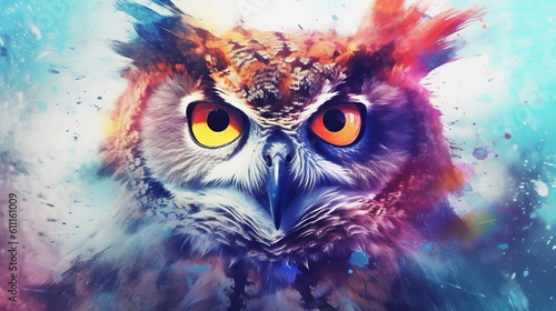 An owl with bright yellow and vibrant orange eyes. Generative ai © cac_tus