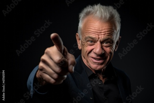 Close-up portrait photography of a grinning mature man raising a finger as if having an idea against a matte black background. With generative AI technology