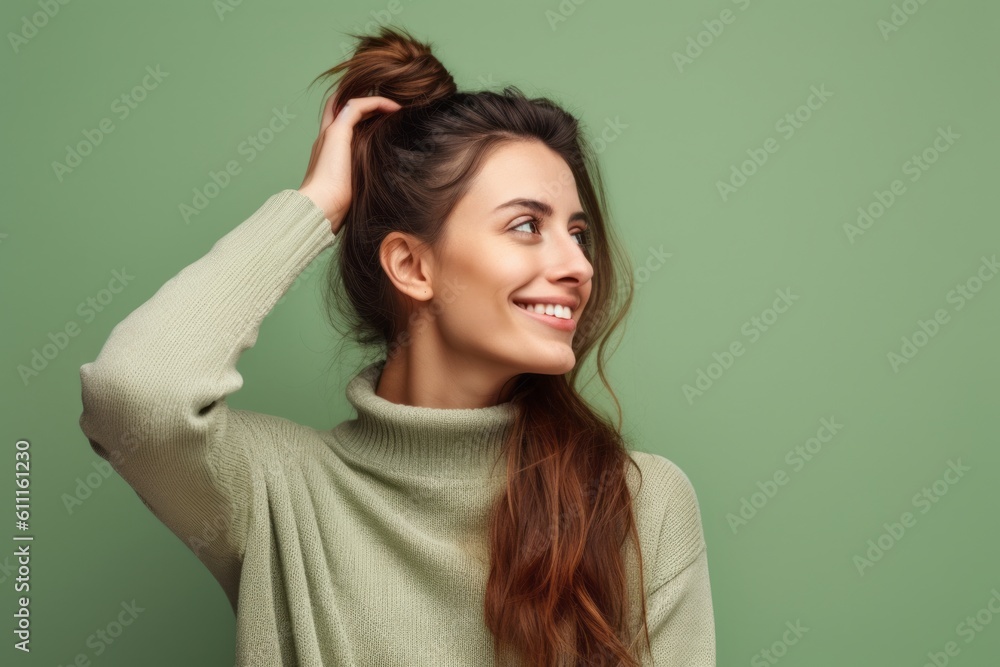 Close-up portrait photography of a satisfied girl in her 30s scratching one's head in a gesture of confusion against a mint green background. With generative AI technology Close-up portrait photography of a satisfied girl in her 30s scratching one's head in a gesture of confusion against a mint green background. With generative AI technology