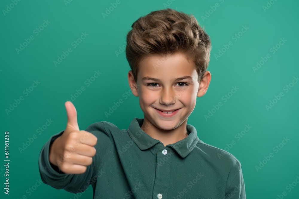 Medium shot portrait photography of a satisfied boy in his 30s showing a thumb up against a mint green background. With generative AI technology Medium shot portrait photography of a satisfied boy in his 30s showing a thumb up against a mint green background. With generative AI technology