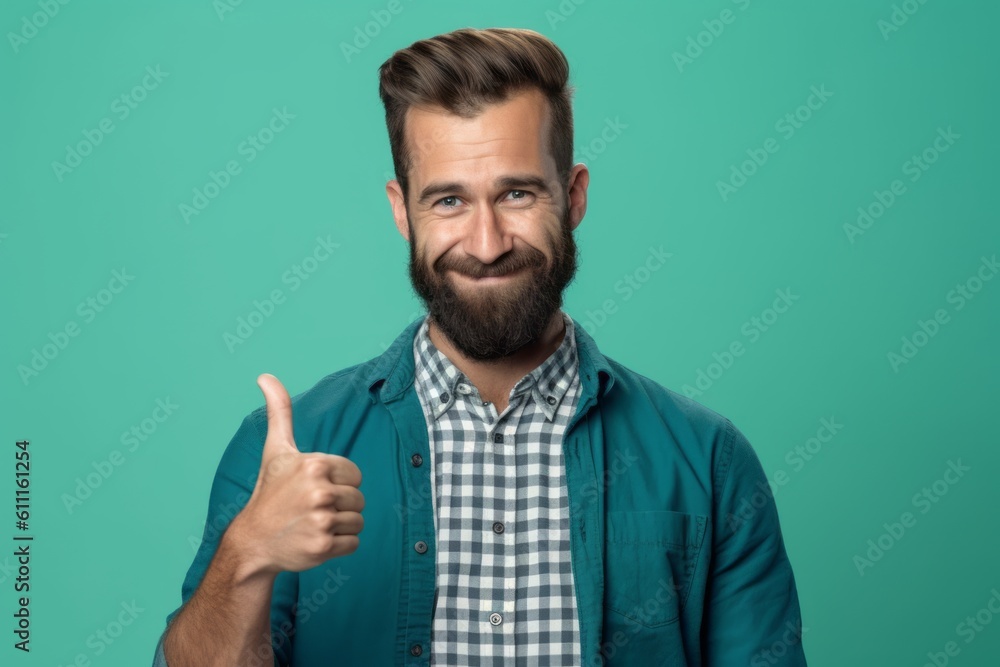 Medium shot portrait photography of a satisfied boy in his 30s showing a thumb up against a mint green background. With generative AI technology Medium shot portrait photography of a satisfied boy in his 30s showing a thumb up against a mint green background. With generative AI technology