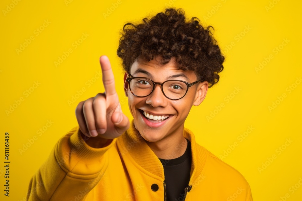Headshot portrait photography of a happy boy in his 20s making a i see you gesture pointing at one's eyes against a bright yellow background. With generative AI technology