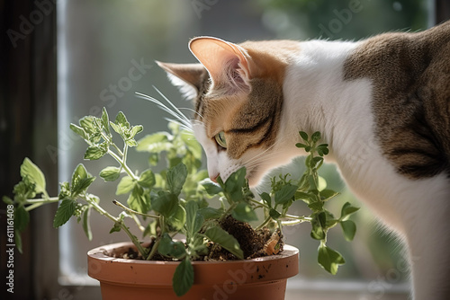 Domestic cat eating green plant on windowsill, generative ai 