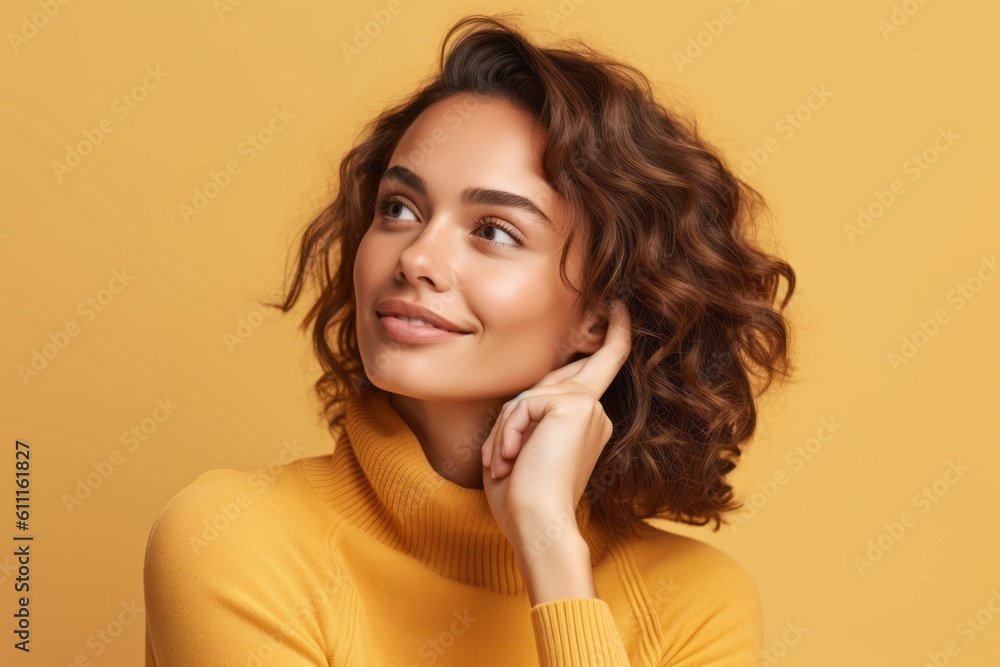 Close-up portrait photography of a glad girl in her 30s putting the hand on the chin as if thinking against a pastel yellow background. With generative AI technology Close-up portrait photography of a glad girl in her 30s putting the hand on the chin as if thinking against a pastel yellow background. With generative AI technology
