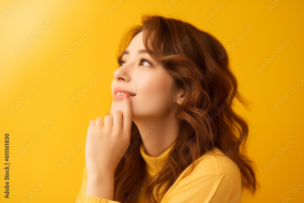 Close-up portrait photography of a glad girl in her 30s putting the hand on the chin as if thinking against a pastel yellow background. With generative AI technology Close-up portrait photography of a glad girl in her 30s putting the hand on the chin as if thinking against a pastel yellow background. With generative AI technology