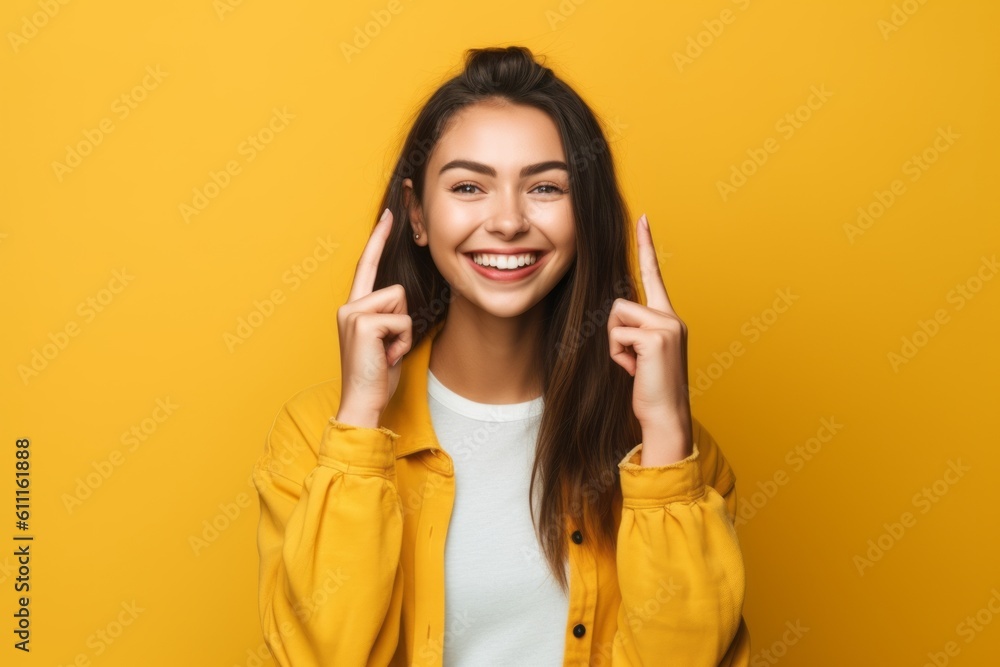 Photography in the style of pensive portraiture of a grinning girl in her 20s making an ok gesture with the fingers against a pastel yellow background. With generative AI technology Photography in the style of pensive portraiture of a grinning girl in her 20s making an ok gesture with the fingers against a pastel yellow background. With generative AI technology