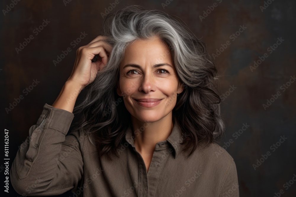 Close-up portrait photography of a satisfied mature woman scratching one's head in a gesture of confusion against a rustic brown background. With generative AI technology Close-up portrait photography of a satisfied mature woman scratching one's head in a gesture of confusion against a rustic brown background. With generative AI technology