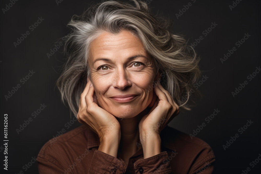 Close-up portrait photography of a satisfied mature woman scratching one's head in a gesture of confusion against a rustic brown background. With generative AI technology Close-up portrait photography of a satisfied mature woman scratching one's head in a gesture of confusion against a rustic brown background. With generative AI technology