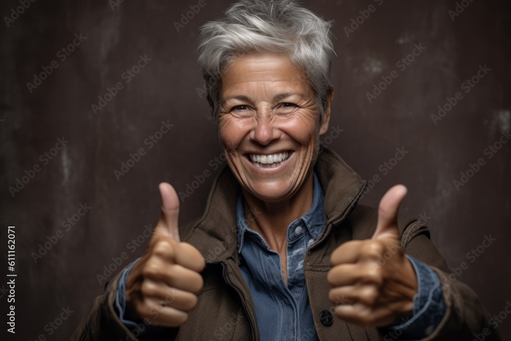 Headshot portrait photography of a glad mature woman raising both thumbs up against a rustic brown background. With generative AI technology Headshot portrait photography of a glad mature woman raising both thumbs up against a rustic brown background. With generative AI technology