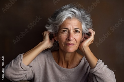 Close-up portrait photography of a satisfied mature woman scratching one's head in a gesture of confusion against a rustic brown background. With generative AI technology