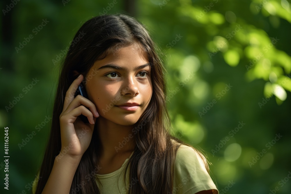 Headshot portrait photography of a glad kid female making a telephone call gesture with the hand against a forest green background. With generative AI technology Headshot portrait photography of a glad kid female making a telephone call gesture with the hand against a forest green background. With generative AI technology