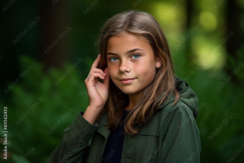 Headshot portrait photography of a glad kid female making a telephone call gesture with the hand against a forest green background. With generative AI technology Headshot portrait photography of a glad kid female making a telephone call gesture with the hand against a forest green background. With generative AI technology