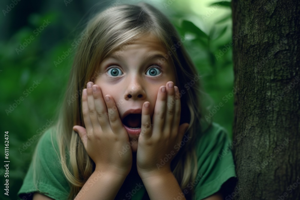 Close-up portrait photography of a grinning kid female putting hands on the face in a gesture of terror against a forest green background. With generative AI technology Close-up portrait photography of a grinning kid female putting hands on the face in a gesture of terror against a forest green background. With generative AI technology