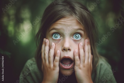 Close-up portrait photography of a grinning kid female putting hands on the face in a gesture of terror against a forest green background. With generative AI technology