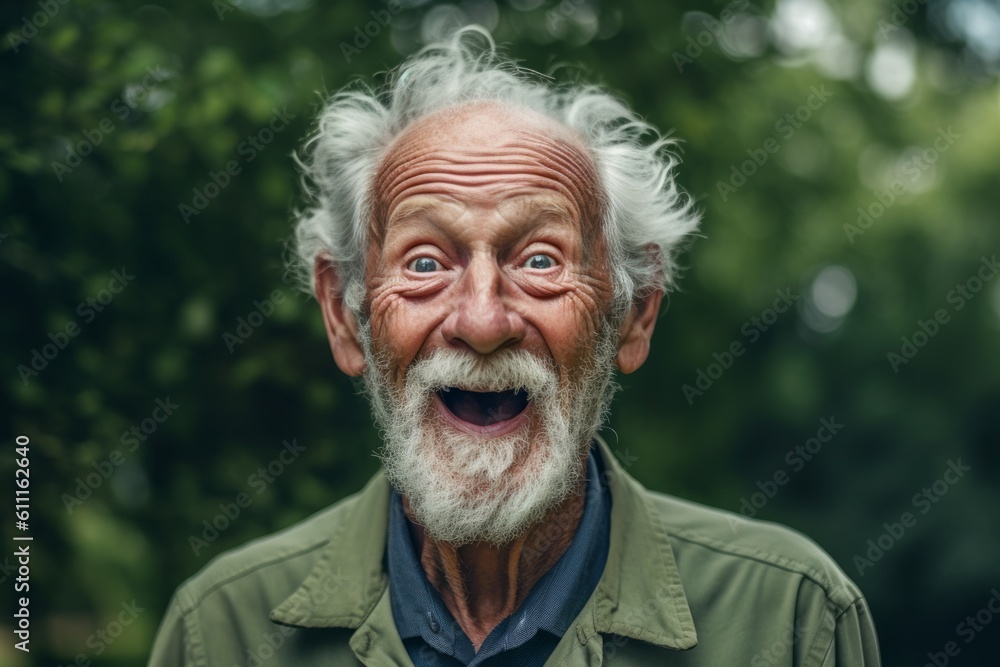 Headshot portrait photography of a happy old man covering one's mouth against a forest green background. With generative AI technology