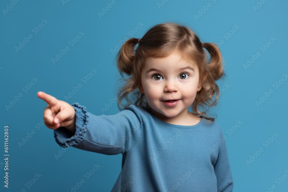 Medium shot portrait photography of a glad girl in her 30s pointing at oneself with the index finger against a baby blue background. With generative AI technology Medium shot portrait photography of a glad girl in her 30s pointing at oneself with the index finger against a baby blue background. With generative AI technology