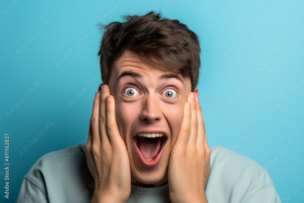 Close-up portrait photography of a happy boy in his 20s putting hands on the face in a gesture of terror against a baby blue background. With generative AI technology Close-up portrait photography of a happy boy in his 20s putting hands on the face in a gesture of terror against a baby blue background. With generative AI technology