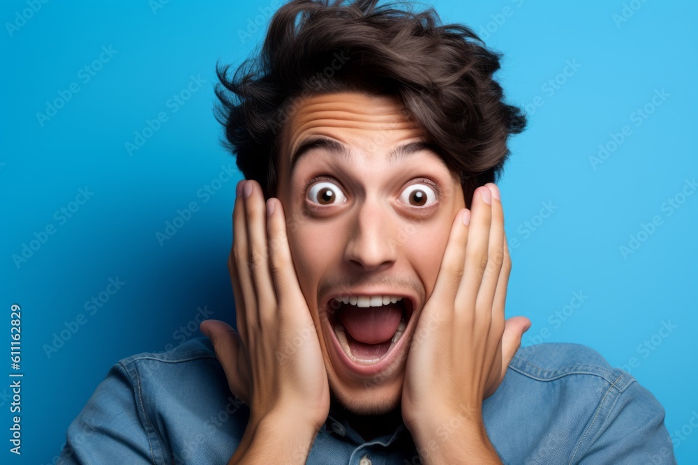 Close-up portrait photography of a happy boy in his 20s putting hands on the face in a gesture of terror against a baby blue background. With generative AI technology Close-up portrait photography of a happy boy in his 20s putting hands on the face in a gesture of terror against a baby blue background. With generative AI technology
