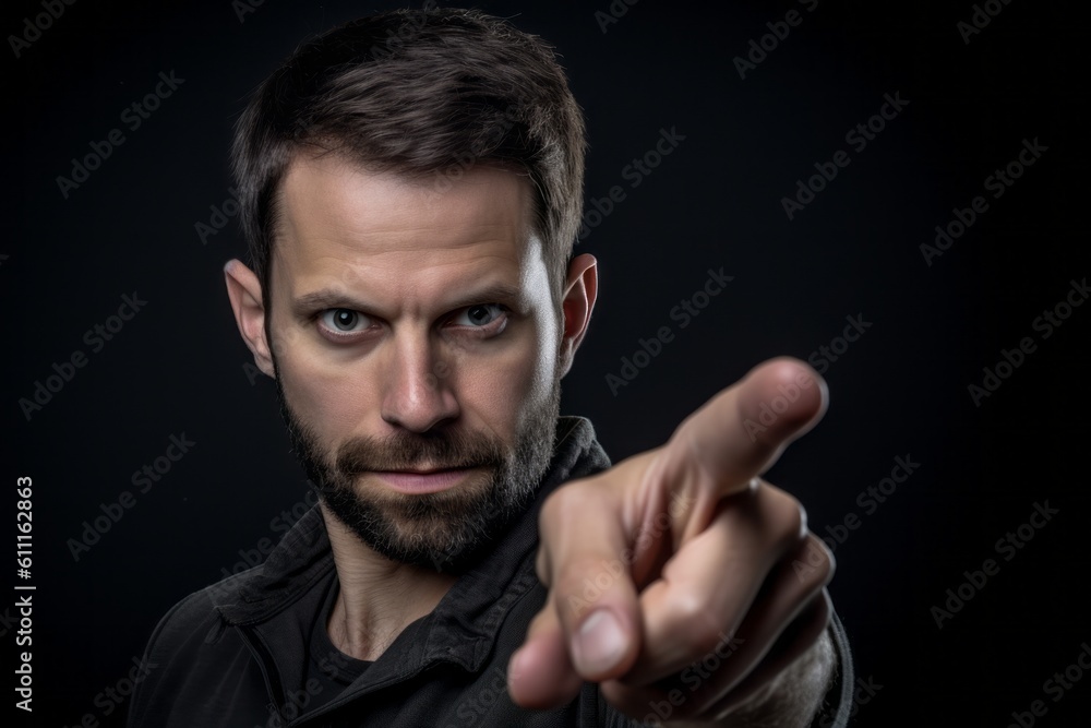 Headshot portrait photography of a satisfied boy in his 30s making a i'm thinking gesture with the finger on the temple against a dark grey background. With generative AI technology