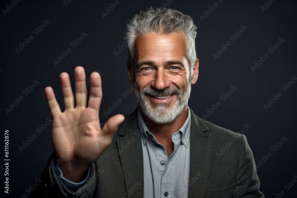 Medium shot portrait photography of a satisfied mature man making a money gesture rubbing the fingers against a dark grey background. With generative AI technology