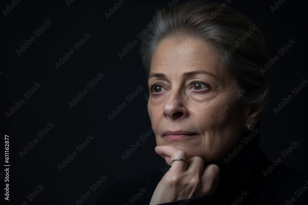 Close-up portrait photography of a glad mature woman putting the hand on the chin as if thinking against a dark grey background. With generative AI technology Close-up portrait photography of a glad mature woman putting the hand on the chin as if thinking against a dark grey background. With generative AI technology