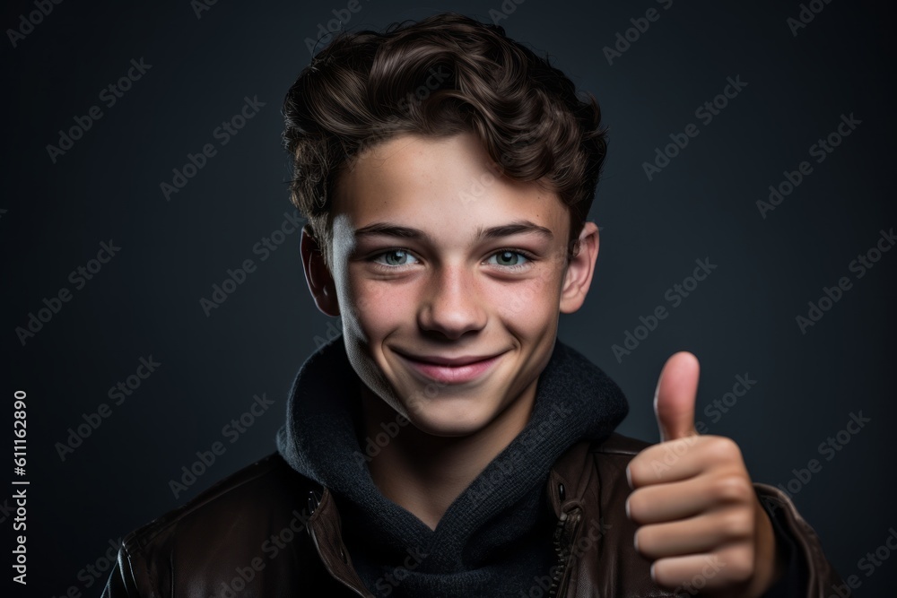 Close-up portrait photography of a glad boy in his 20s showing a thumb up against a dark grey background. With generative AI technology Close-up portrait photography of a glad boy in his 20s showing a thumb up against a dark grey background. With generative AI technology