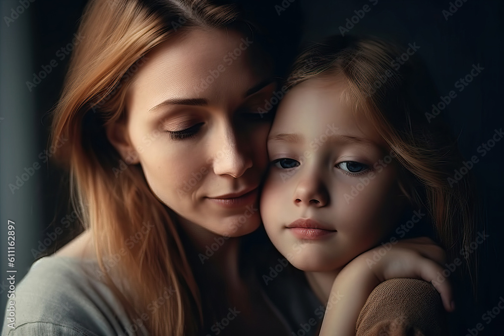 A woman and a little girl hugging each other created with Generative AI technology A woman and a little girl hugging each other created with Generative AI technology