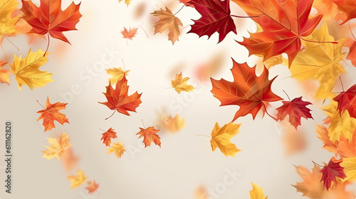 Flying fall maple leaves on autumn white background. Falling leaves  seasonal banner with autumn leaf fall Generative AI