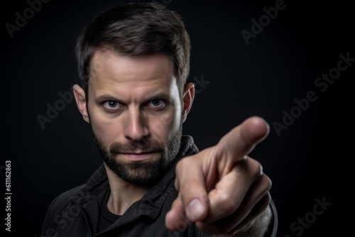 Headshot portrait photography of a satisfied boy in his 30s making a i'm thinking gesture with the finger on the temple against a dark grey background. With generative AI technology © Markus Schröder