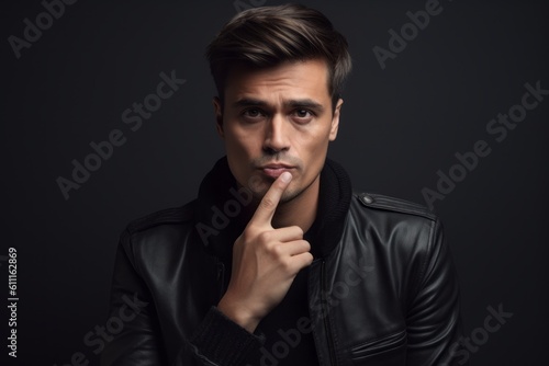 Medium shot portrait photography of a glad boy in his 30s making a shhh gesture with a finger on the lips against a dark grey background. With generative AI technology