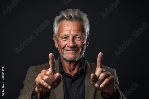 Medium shot portrait photography of a satisfied mature man making a money gesture rubbing the fingers against a dark grey background. With generative AI technology