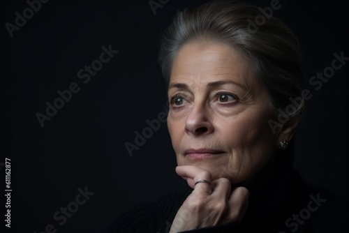 Close-up portrait photography of a glad mature woman putting the hand on the chin as if thinking against a dark grey background. With generative AI technology