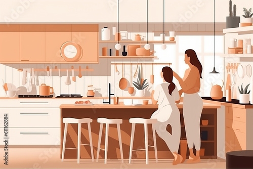 A couple of women standing in a kitchen created with Generative AI technology