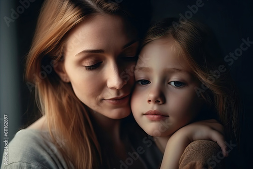 A woman and a little girl hugging each other created with Generative AI technology