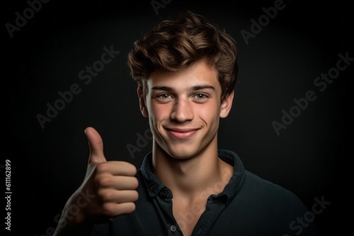 Close-up portrait photography of a glad boy in his 20s showing a thumb up against a dark grey background. With generative AI technology