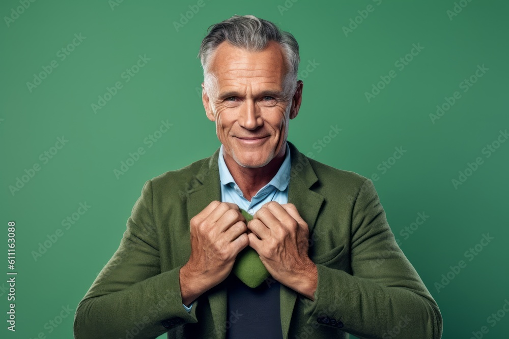 Medium shot portrait photography of a tender mature man making a heart with the hands against a pastel green background. With generative AI technology Medium shot portrait photography of a tender mature man making a heart with the hands against a pastel green background. With generative AI technology