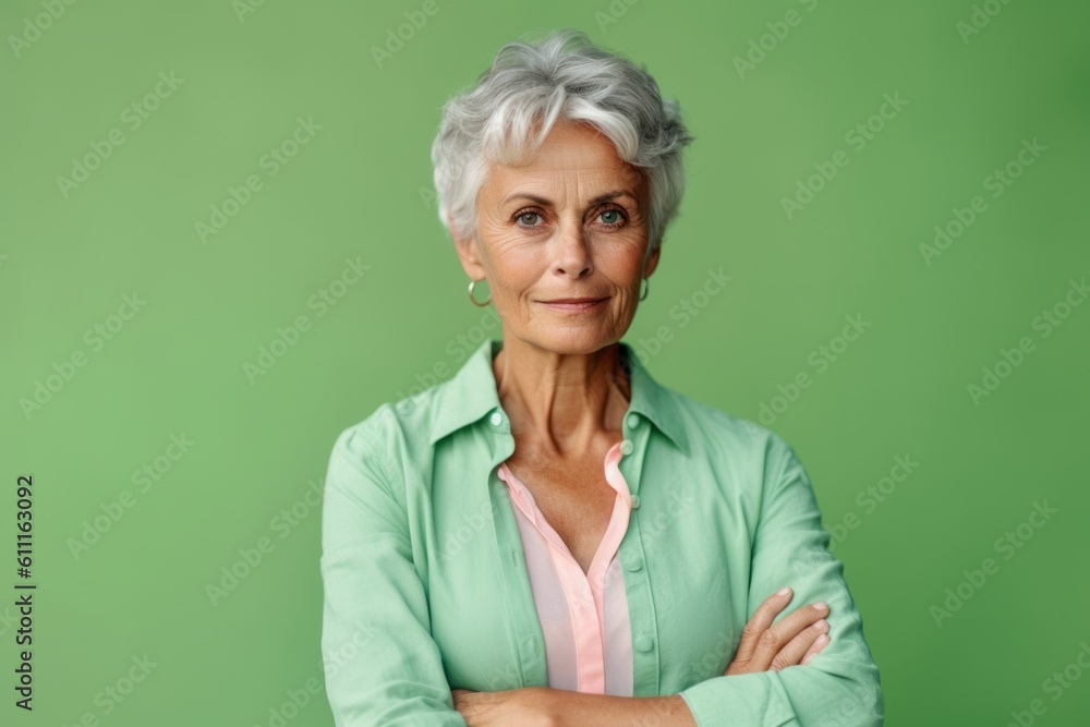 Headshot portrait photography of a glad mature woman crossing the arms against a pastel green background. With generative AI technology Headshot portrait photography of a glad mature woman crossing the arms against a pastel green background. With generative AI technology