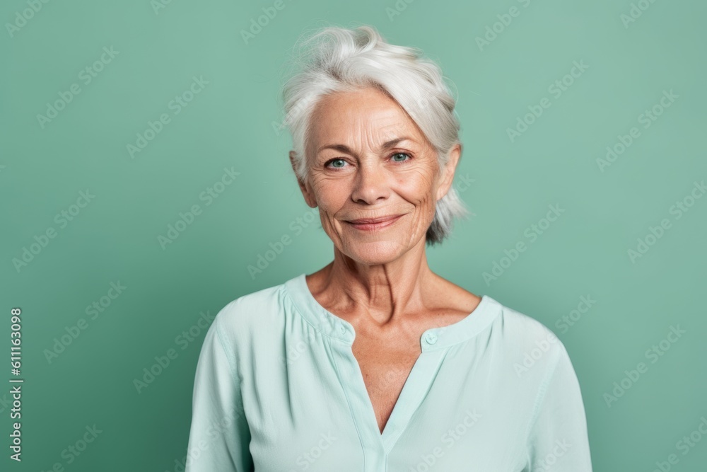 Headshot portrait photography of a glad mature woman crossing the arms against a pastel green background. With generative AI technology Headshot portrait photography of a glad mature woman crossing the arms against a pastel green background. With generative AI technology