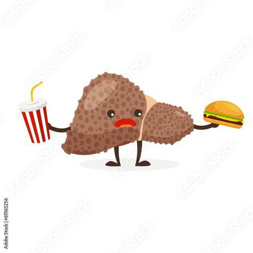 Cartoon sad sick liver with hamburger and soda. Unhealthy internal organ requires care or medical treatment. Pain, disease. Vector illustration.