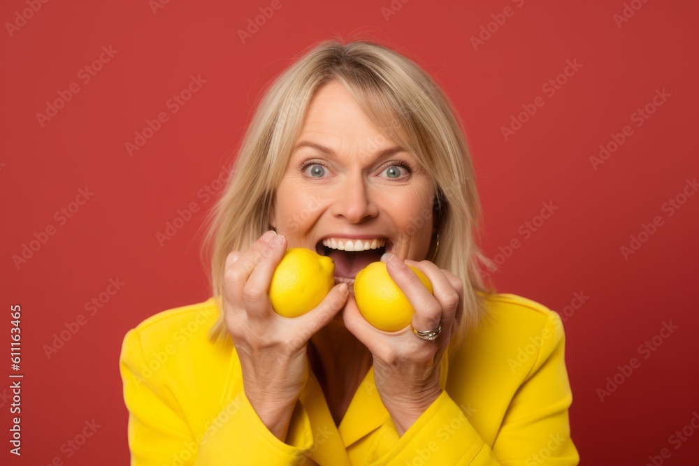 Close-up portrait photography of a grinning mature woman making a i'm thinking gesture with the finger on the temple against a lemon yellow background. With generative AI technology Close-up portrait photography of a grinning mature woman making a i'm thinking gesture with the finger on the temple against a lemon yellow background. With generative AI technology