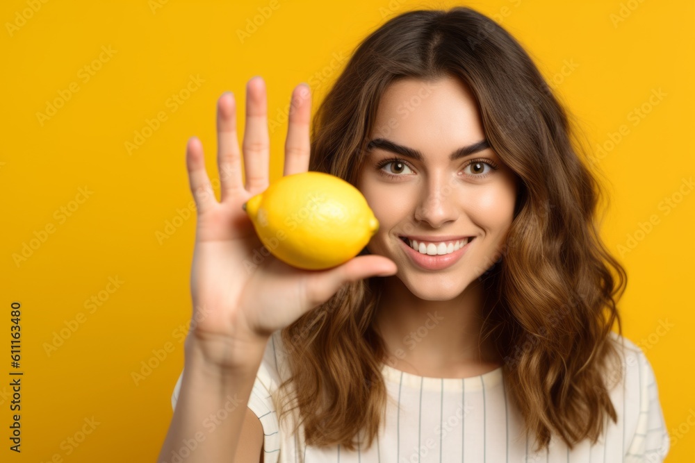 Headshot portrait photography of a glad girl in her 20s making a no or stop gesture with the extended palm against a lemon yellow background. With generative AI technology Headshot portrait photography of a glad girl in her 20s making a no or stop gesture with the extended palm against a lemon yellow background. With generative AI technology